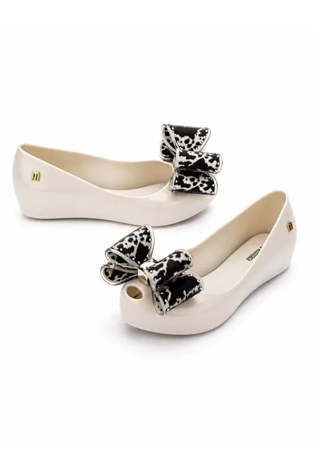 Детские балетки для девочек с бантом Mini Melissa, Beige - Black — фото 3