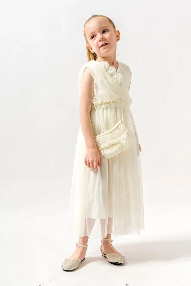 Детское платье для девочек с открытыми плечами Crowace collar gown dress Dfn, Ecru