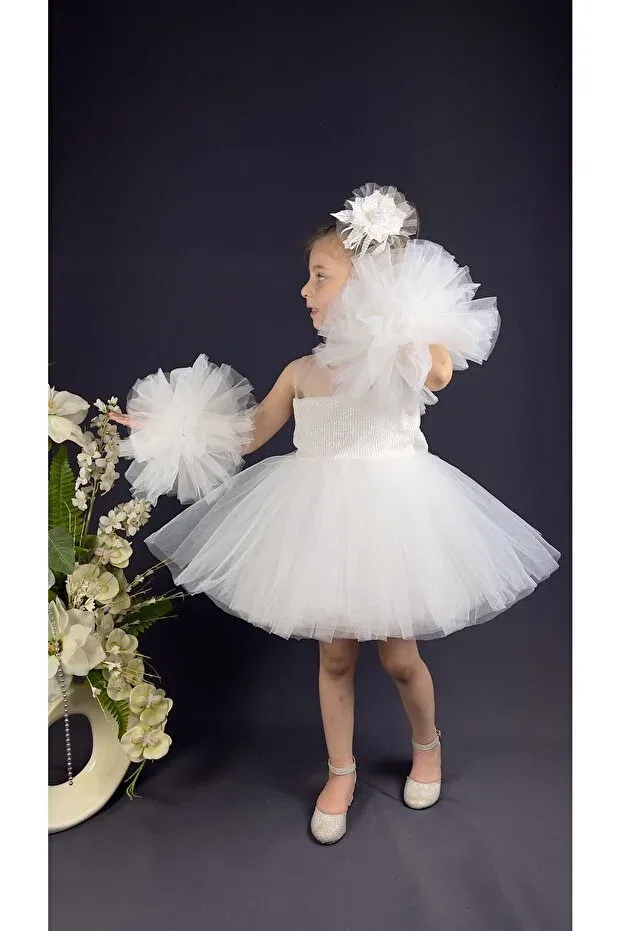 Детское платье для девочек без рукавов с помпонами Delfini Kids, White — фото 2