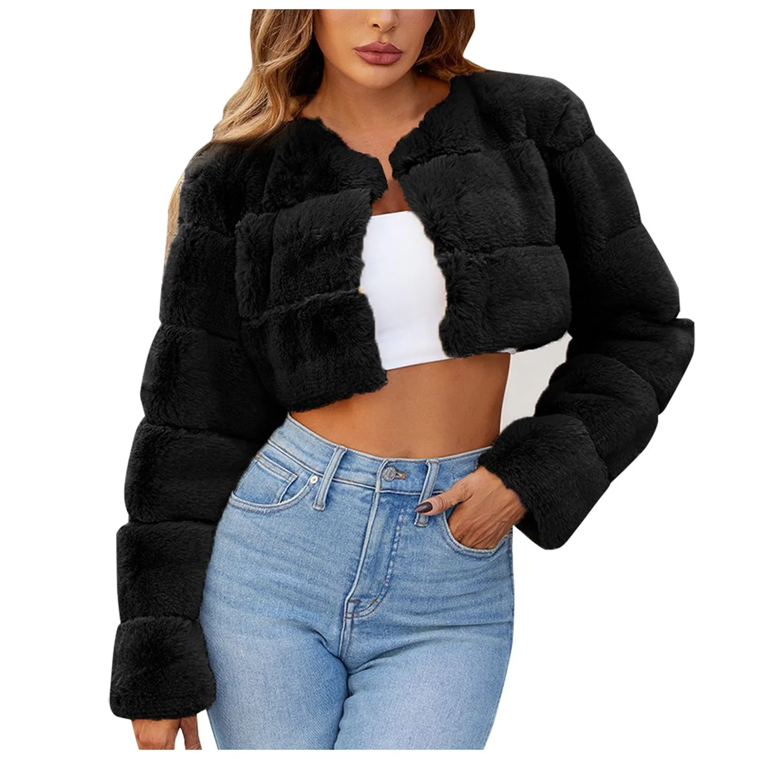 Женская куртка из искусственного меха с длинным рукавом, модель Giacca corta da donna in pelliccia sintetica, Nero