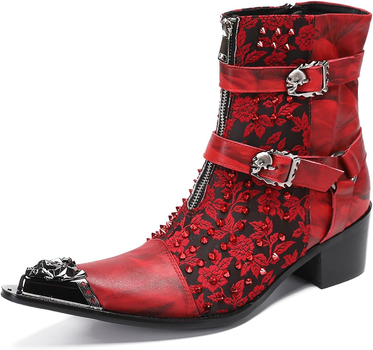 

Кожаные ковбойские сапоги Santimon Mens с металлическим носком, скелетной пуговицей и ботинками Челси для мужчин, модные повседневные, вечеринка, бальный зал, высокие западные сапоги для мальчиков, красный