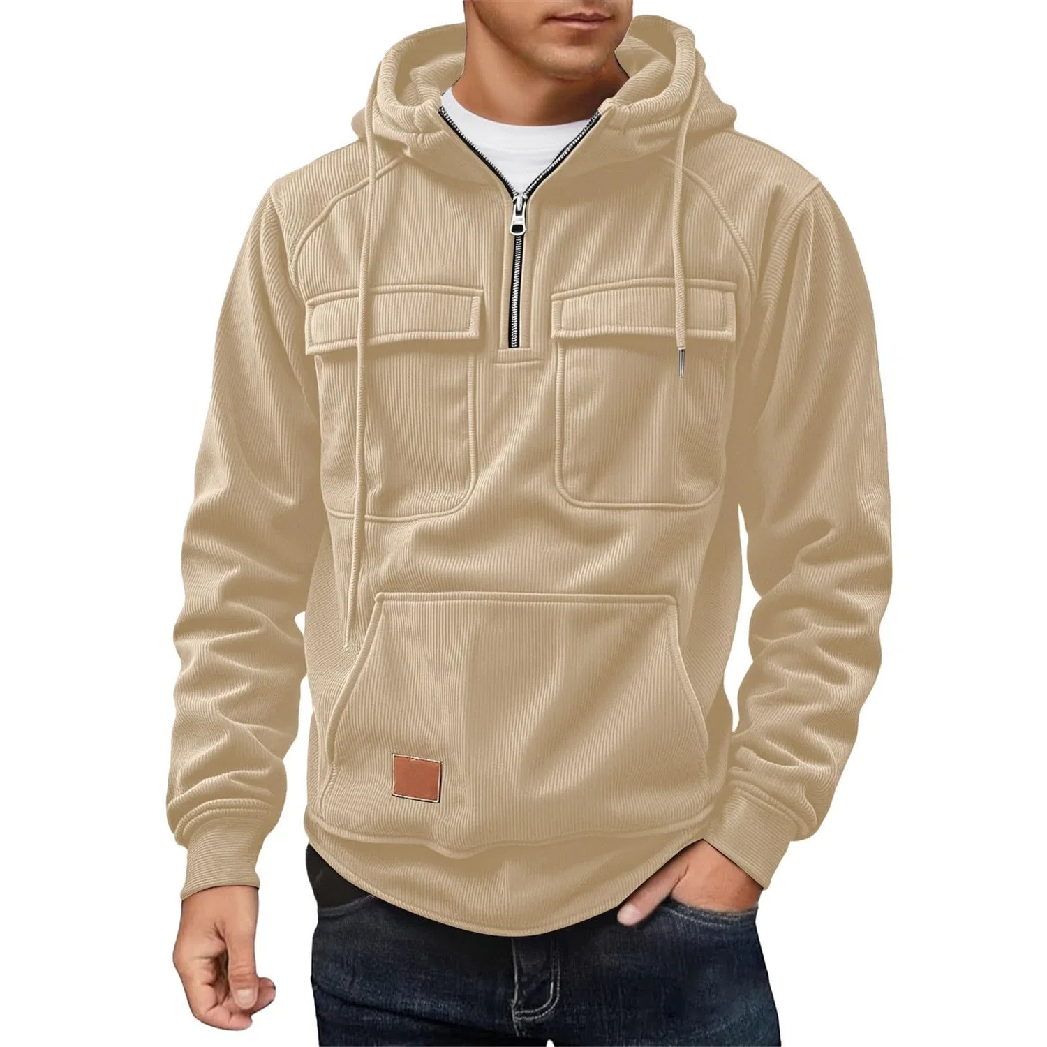 Мужской худи с капюшоном на молнии с карманами, Dark Khaki