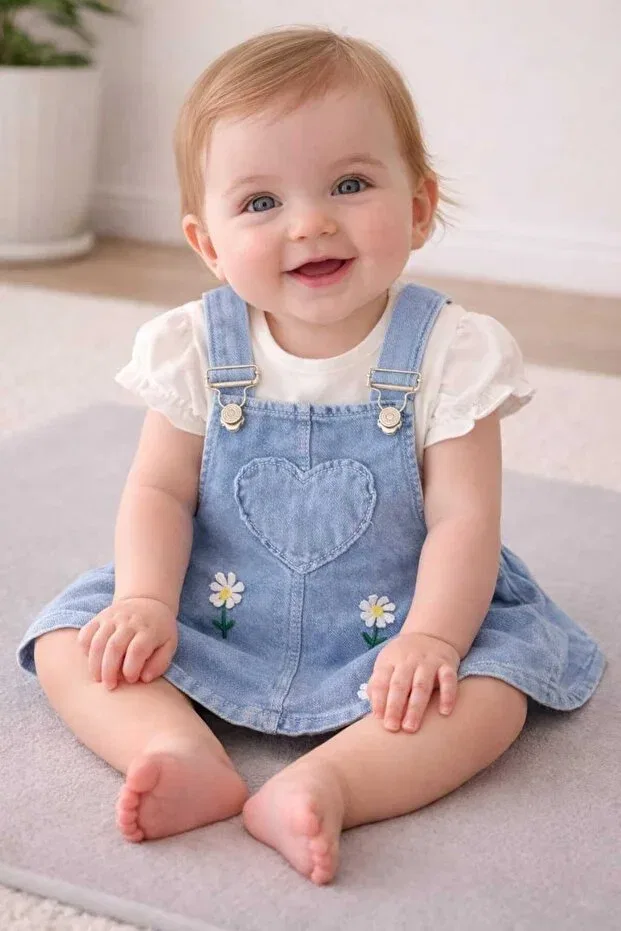 Детский комбинезон для девочек с вышивкой Daisy Denim Gilet Blouse Set Bebexo Kids, Blue — фото 2