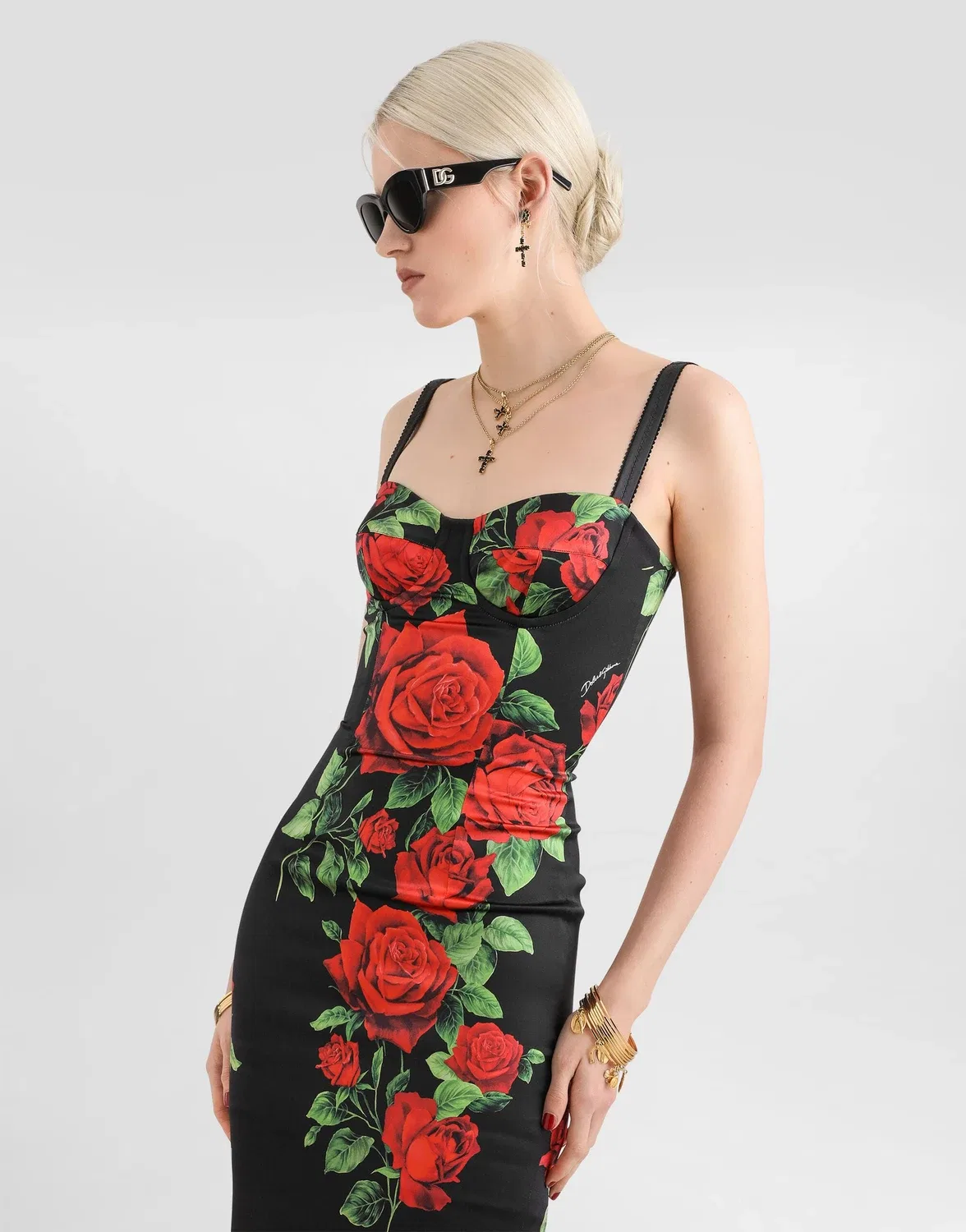 Атласное платье с принтом роз Dolce & Gabbana, серый — фото 4