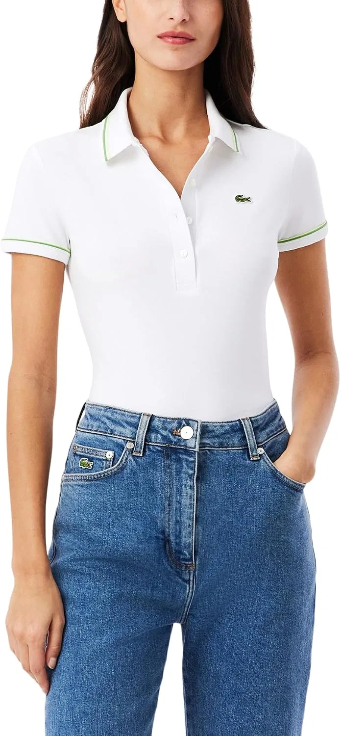 Женская хлопковая рубашка-поло Slim Fit Trim Detail Lacoste, White Sencha Billiard Green