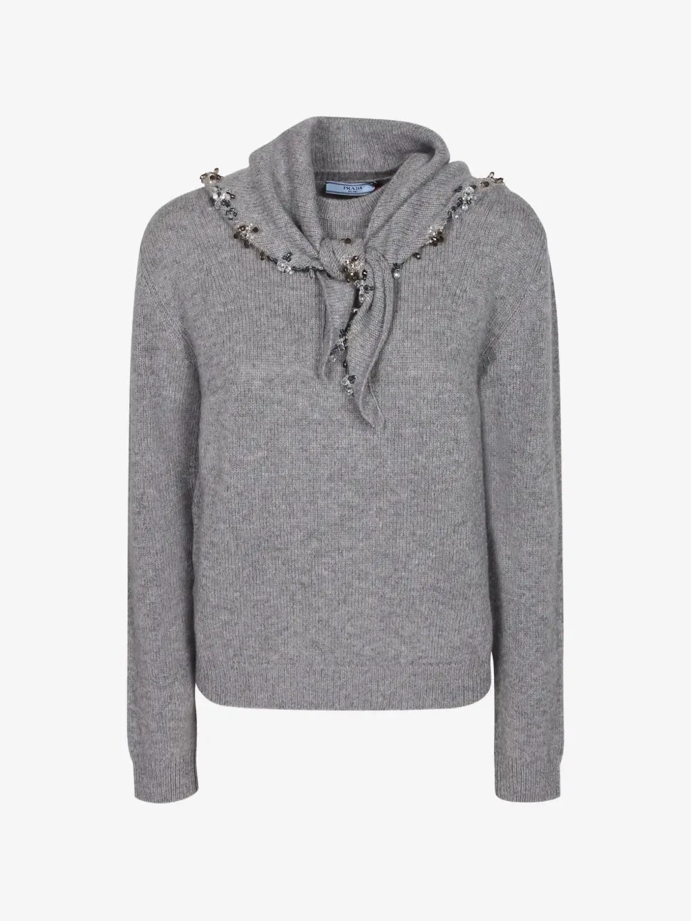 Джемпер с отделкой из шарфа и кристаллами Prada, серый