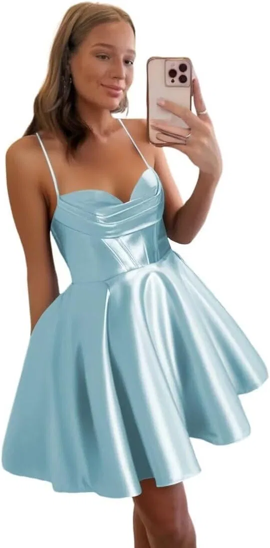 Женское короткое сатиновое платье с запахом на бретелях с карманами, Light Blue