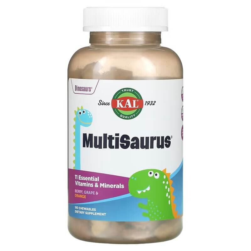 

Детские поливитамины KAL Dinosaurs MultiSaurus со вкусом ягод, винограда и апельсина, 180 жевательных таблеток