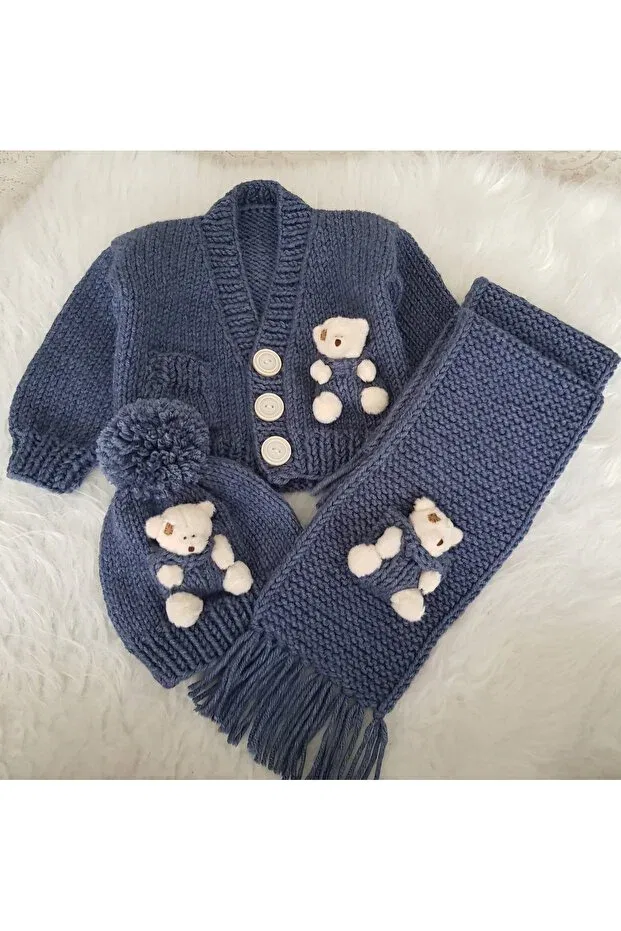 Детский кардиган с длинным рукавом, комплект с шапкой и шарфом Unisex baby and kids cardigan - hand knitted beanie and scarf set with teddy bear El Örgüsü, Navy Blue