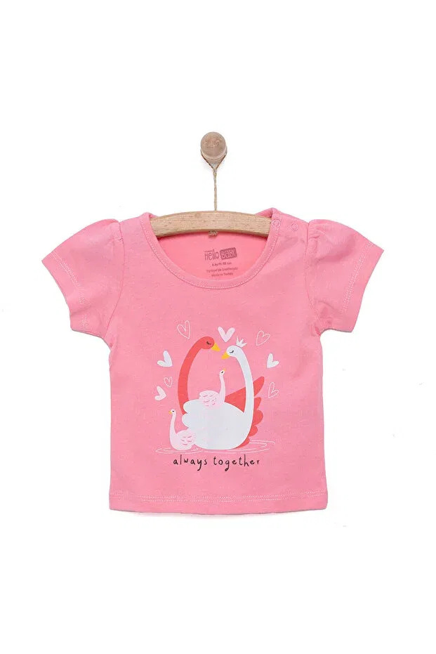 Детская футболка для девочек с принтом Swan Printed Ebebek Hello Baby, Dark Pink — фото 3