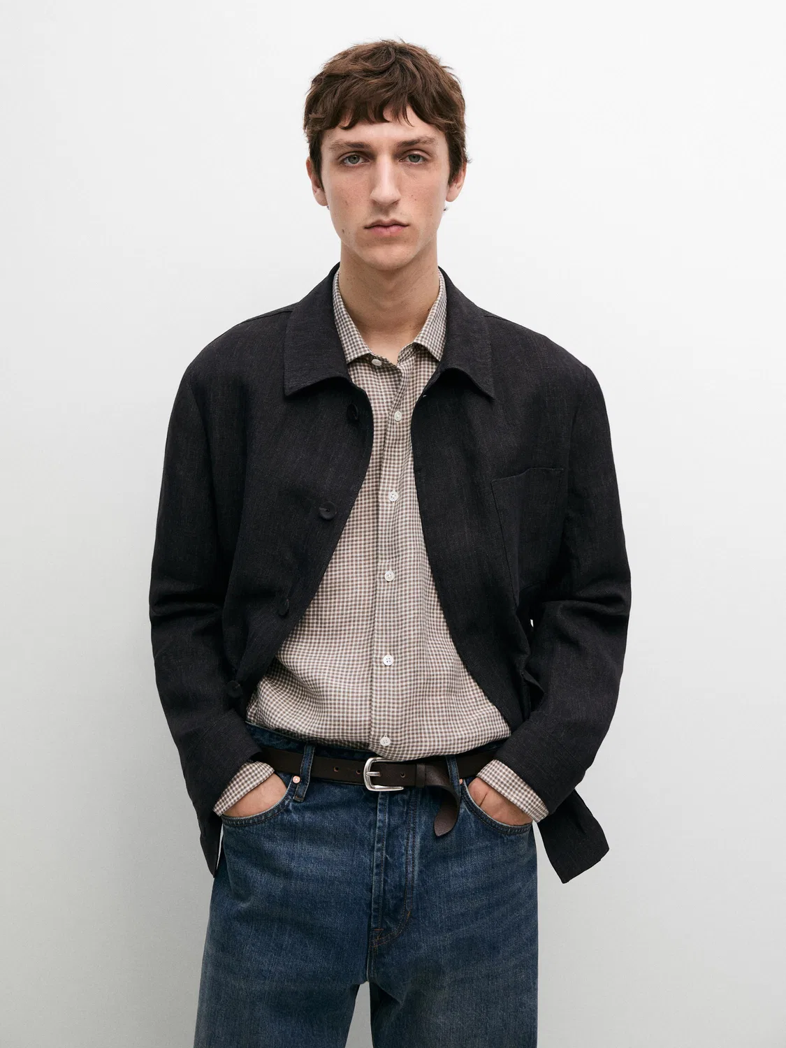 Льняной жакет в стиле «тотальный образ» с вкраплениями Massimo Dutti, темно-синий — фото 3