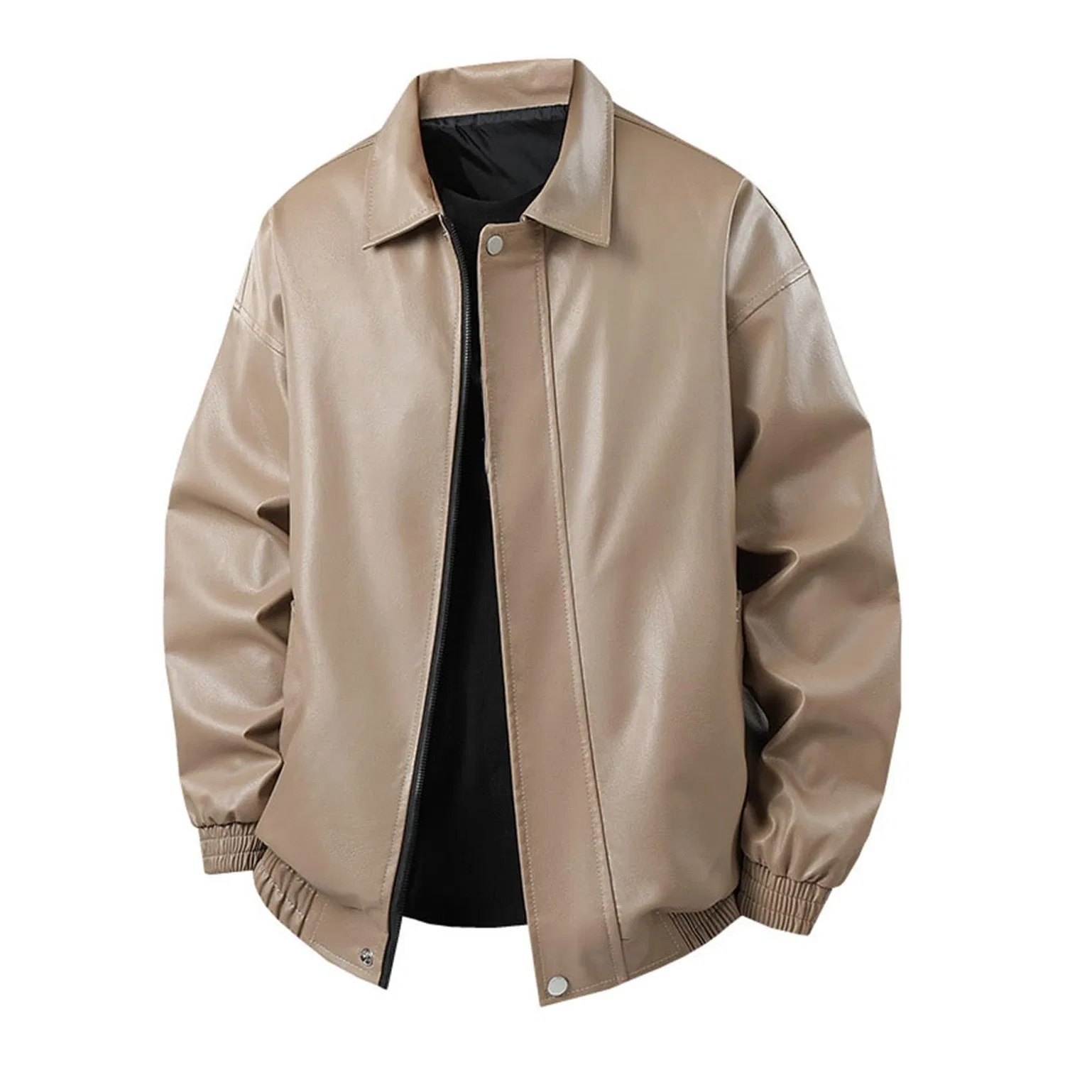 Мужская куртка из искусственной кожи с длинным рукавом, Khaki Men's Leather Jacket — фото 4