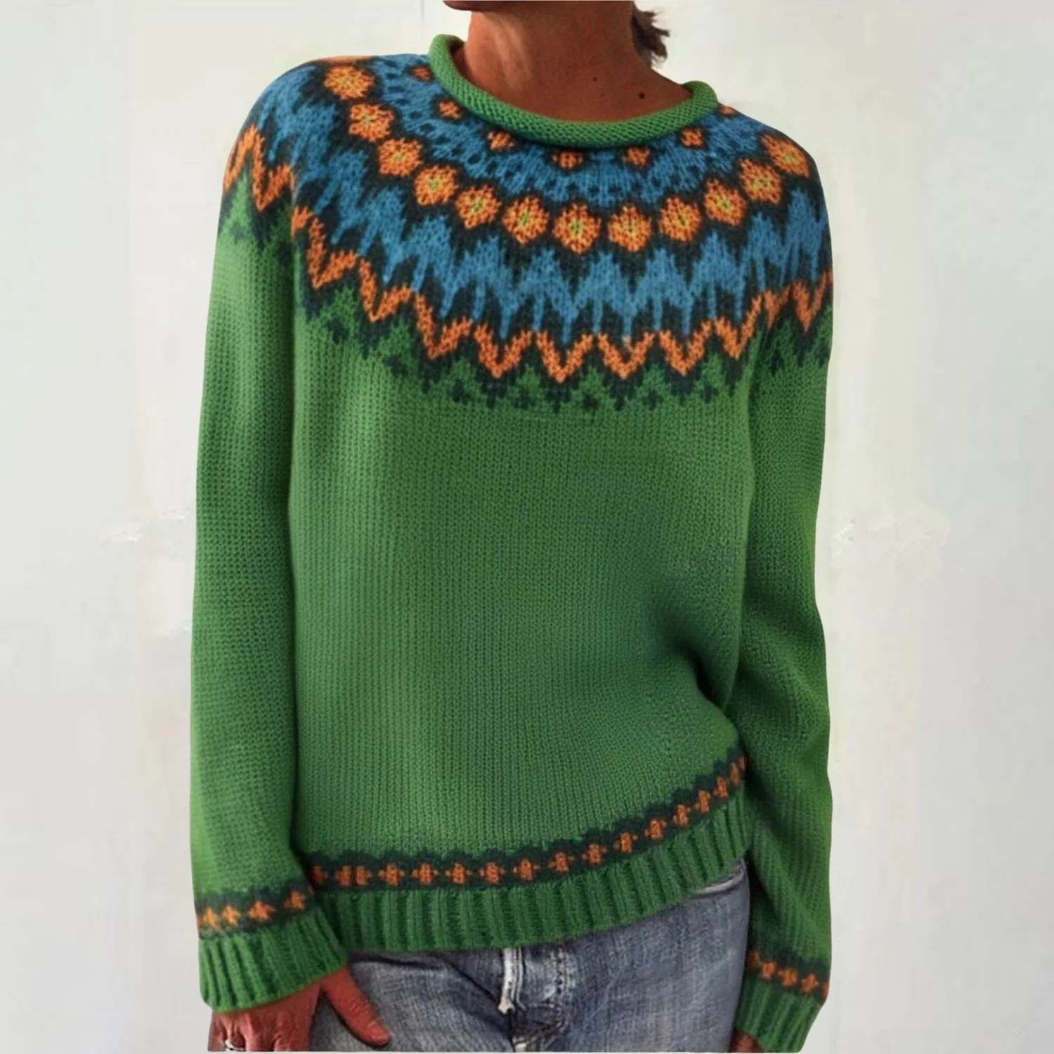 Женский свитер с принтом Retro Knitted Sweater with Isle Print, Green — фото 2