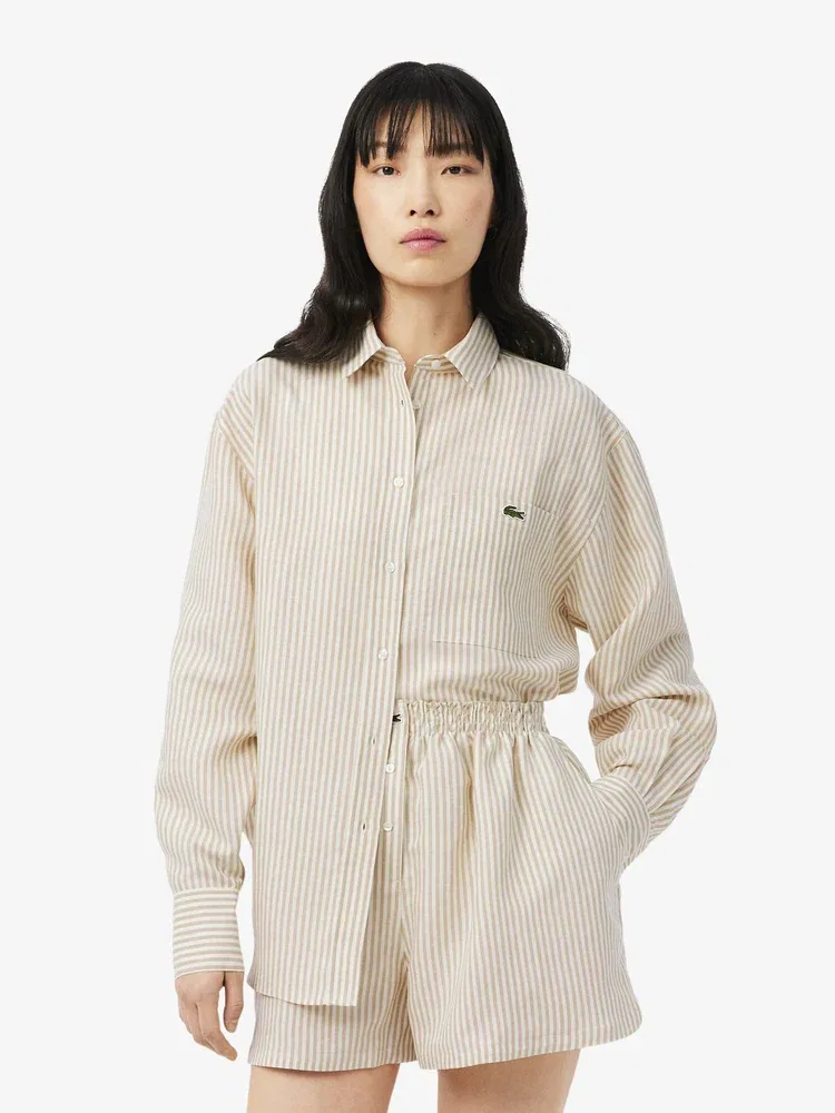 Рубашка LACOSTE Beige в полоску из льняной смеси
