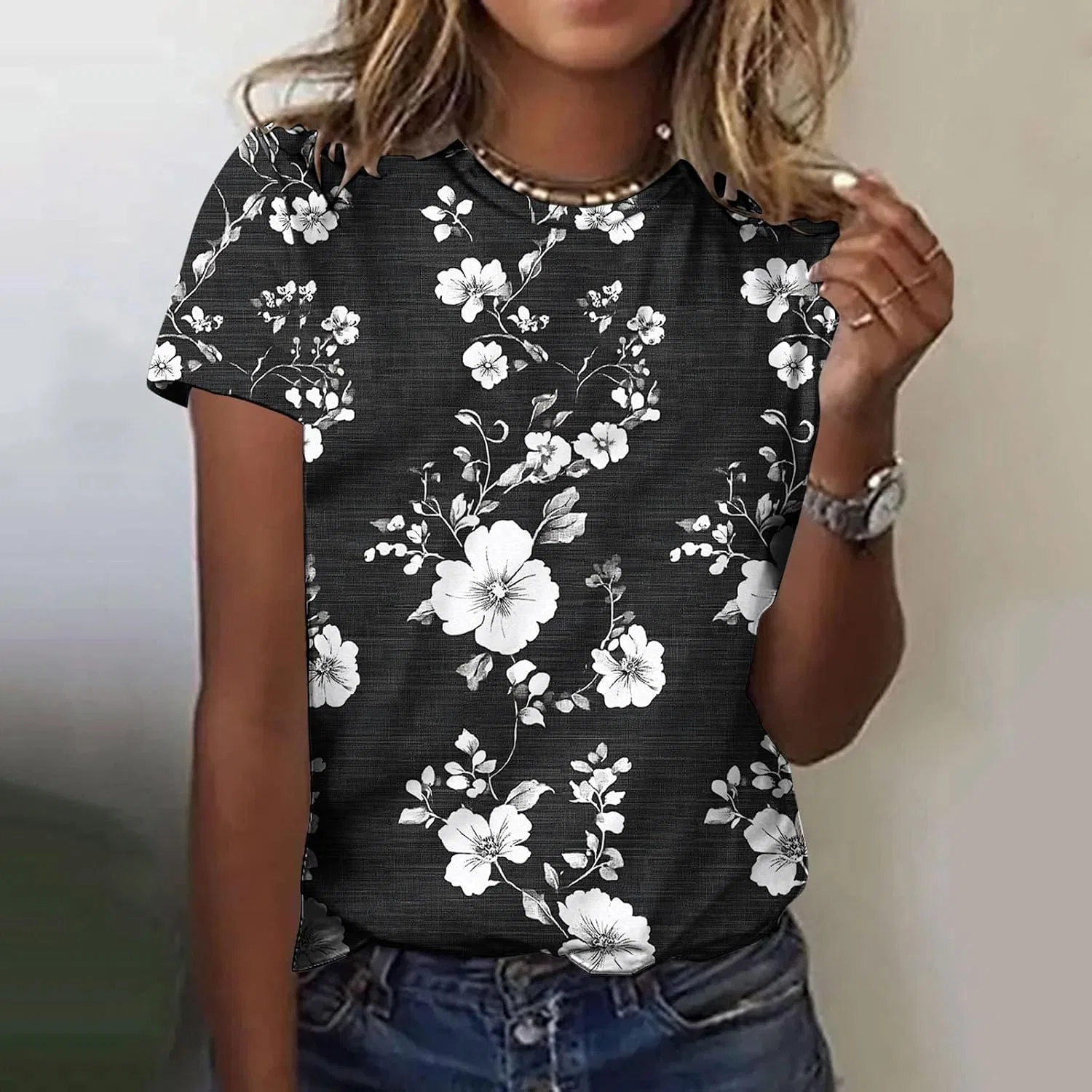 Женская футболка с цветочным принтом Short Sleeve Tops, Retro 1#multicolor — фото 2