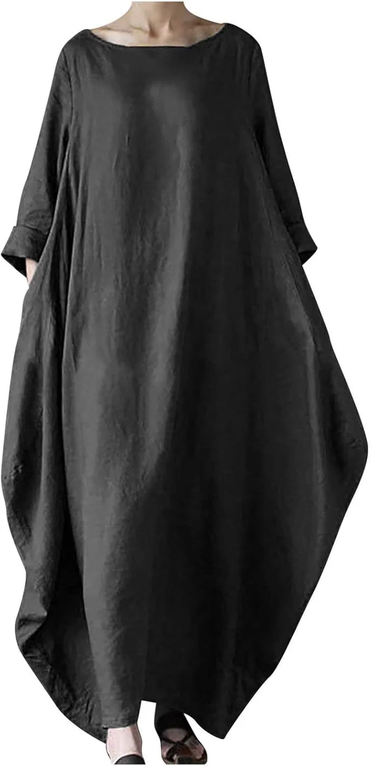 Женская свободная рубашечное платье из хлопка и льна, Black