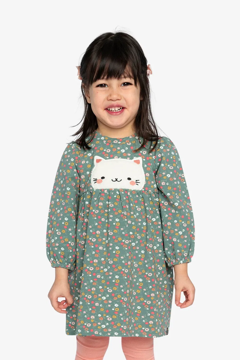 Детское платье для девочек с длинным рукавом и цветочным принтом Deux par Deux, Green Floral Print — фото 2