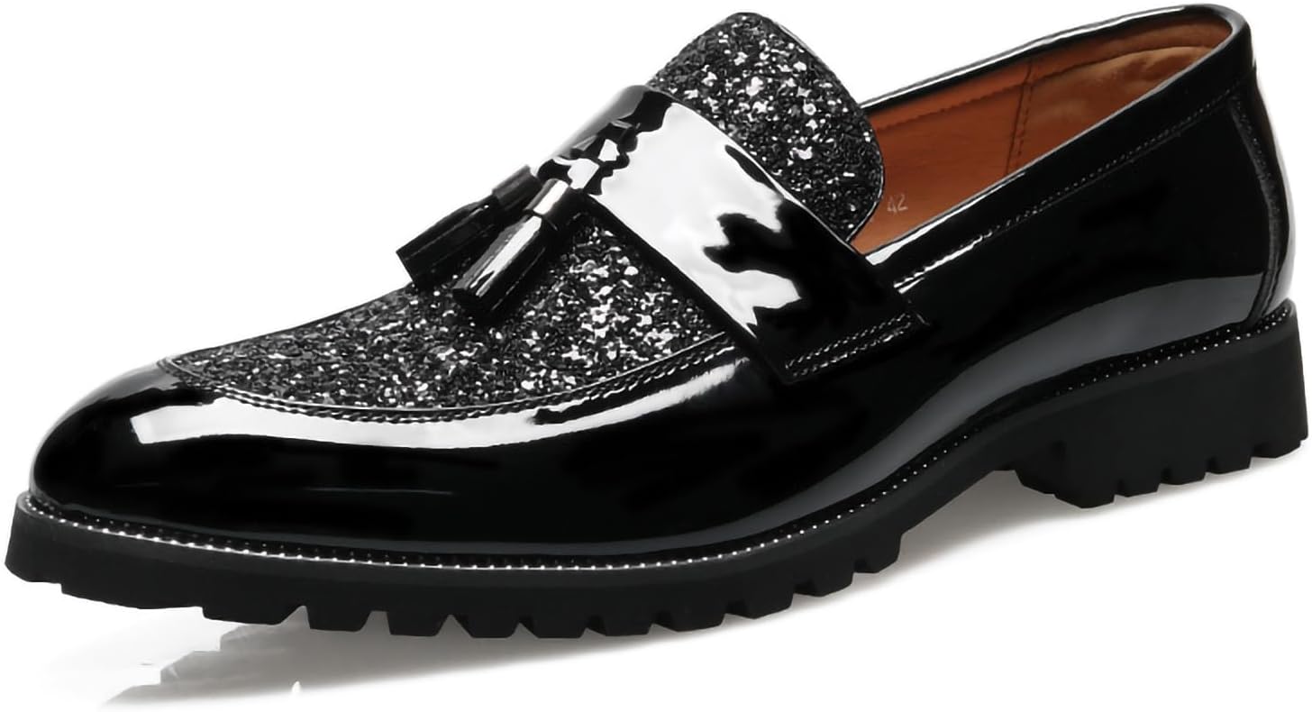 

Мужские лоферы с кисточками - блестящие туфли-слипоны с заостренным носком и верхом из лакированного ПУ для вечеринок, офиса и официальных мероприятий Generic, черный