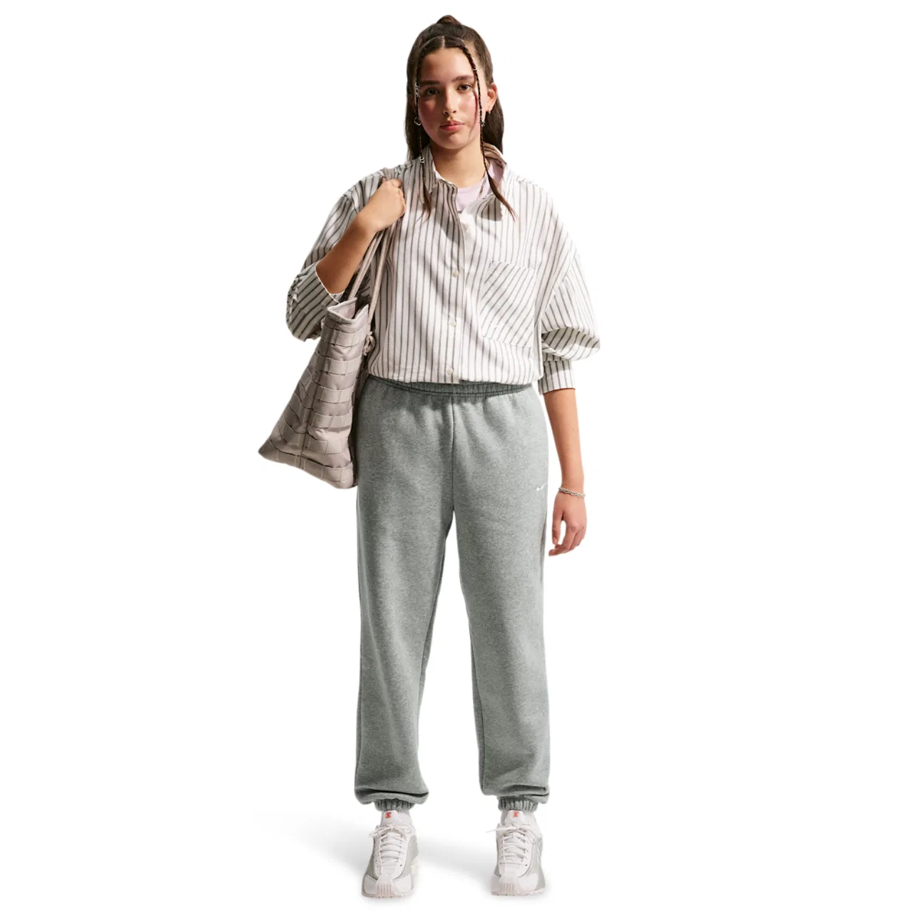 Детские спортивные штаны для девочек свободного кроя Nike Studio Fleece, Nike, White Dark Grey Heather Particle Grey — фото 4