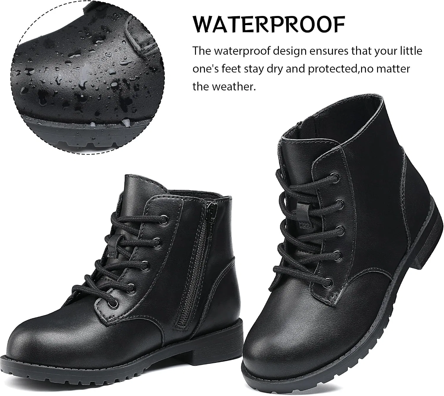 Детские ботинки для девочек на шнуровке с боковой молнией CCVON, Matte Black — фото 4