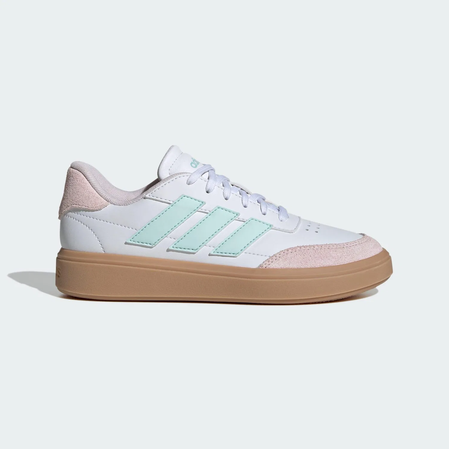 Детские кроссовки с кожаными вставками Courtblock Adidas, Weiss Wasserblau Bonbonrosa — фото 3