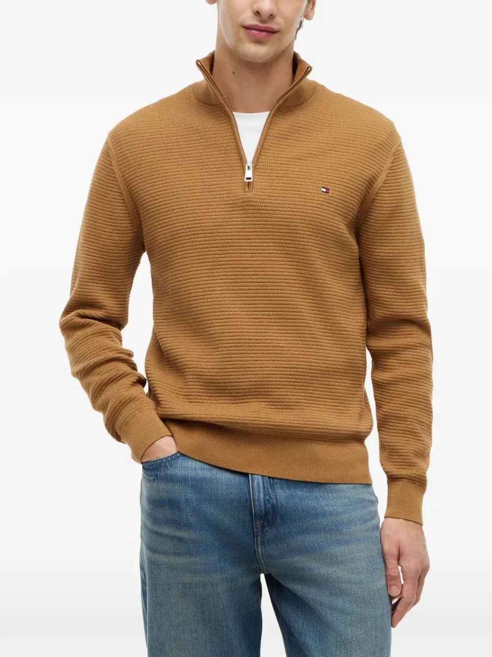 Текстурный свитер на молнии до середины груди Tommy Hilfiger, коричневый — фото 3