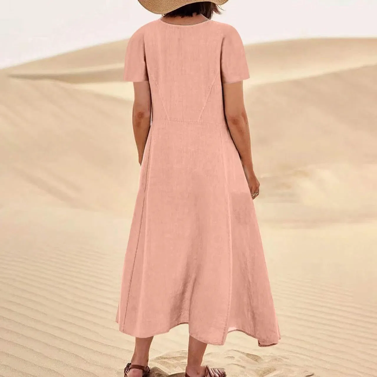Женское летнее платье макси из хлопка и льна, Pink — фото 3