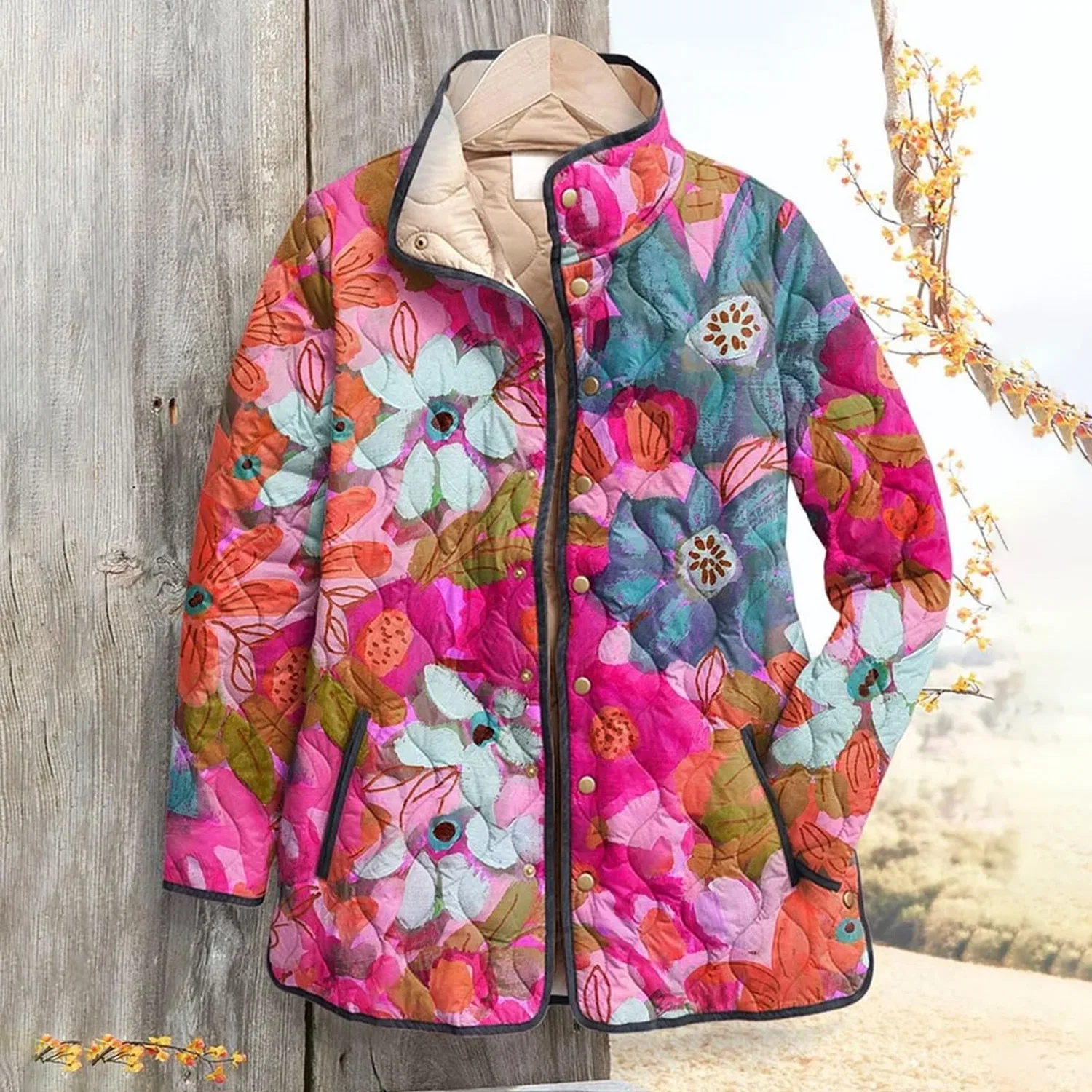 Женская свободная куртка с принтом флорал Boho, Rosa acceso — фото 2
