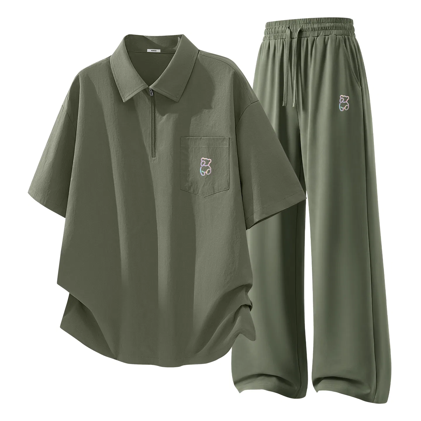 Детский комплект спортивной одежды с принтом B Dazzling Color Bear MINISO, Army Green + Olive Green