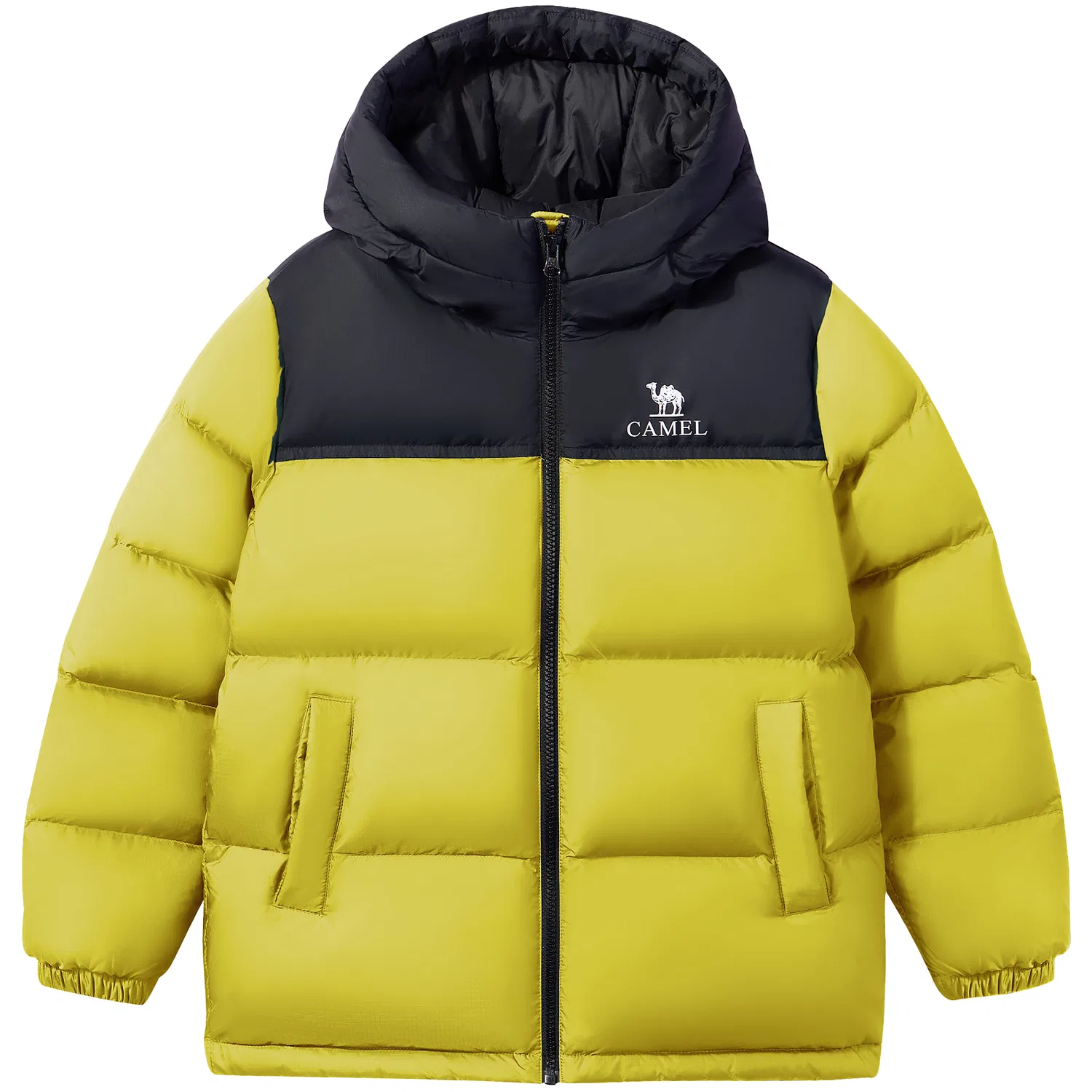 Детский пуховик с капюшоном утепленный CAMEL, Phantom Black/Moss Yellow