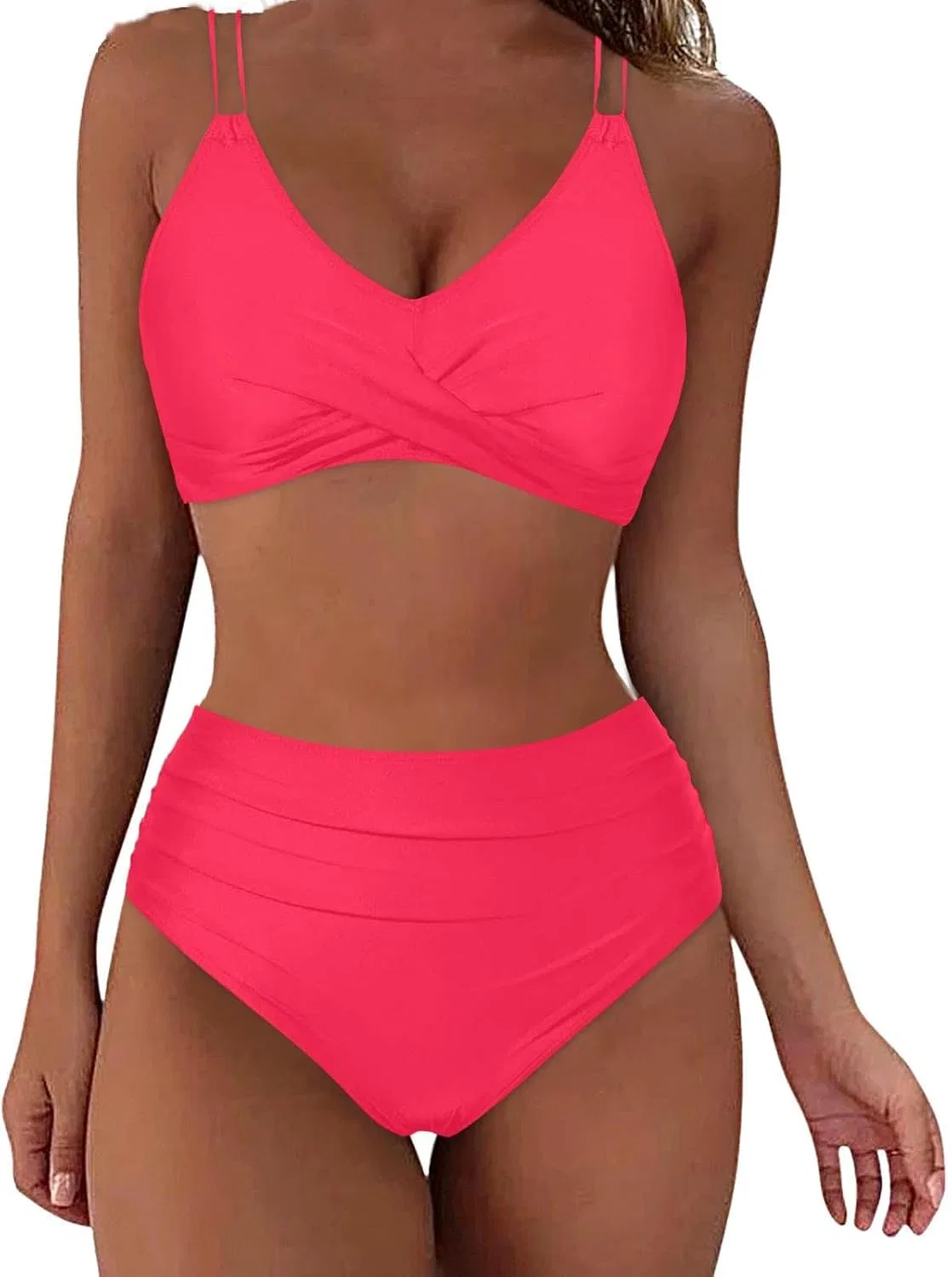Женский высокий бикини-сет с утяжкой живота V-образным вырезом, Hot Pink