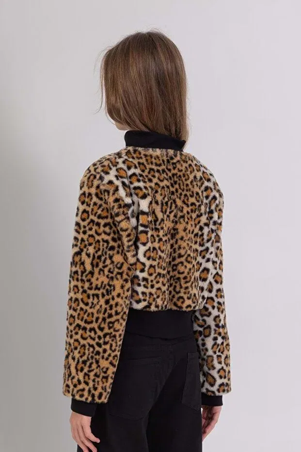 Детский кардиган для девочек с принтом Leopard print stand collar zipper closure girl's cropped cardigan Wakawakakidsstore, Black — фото 2