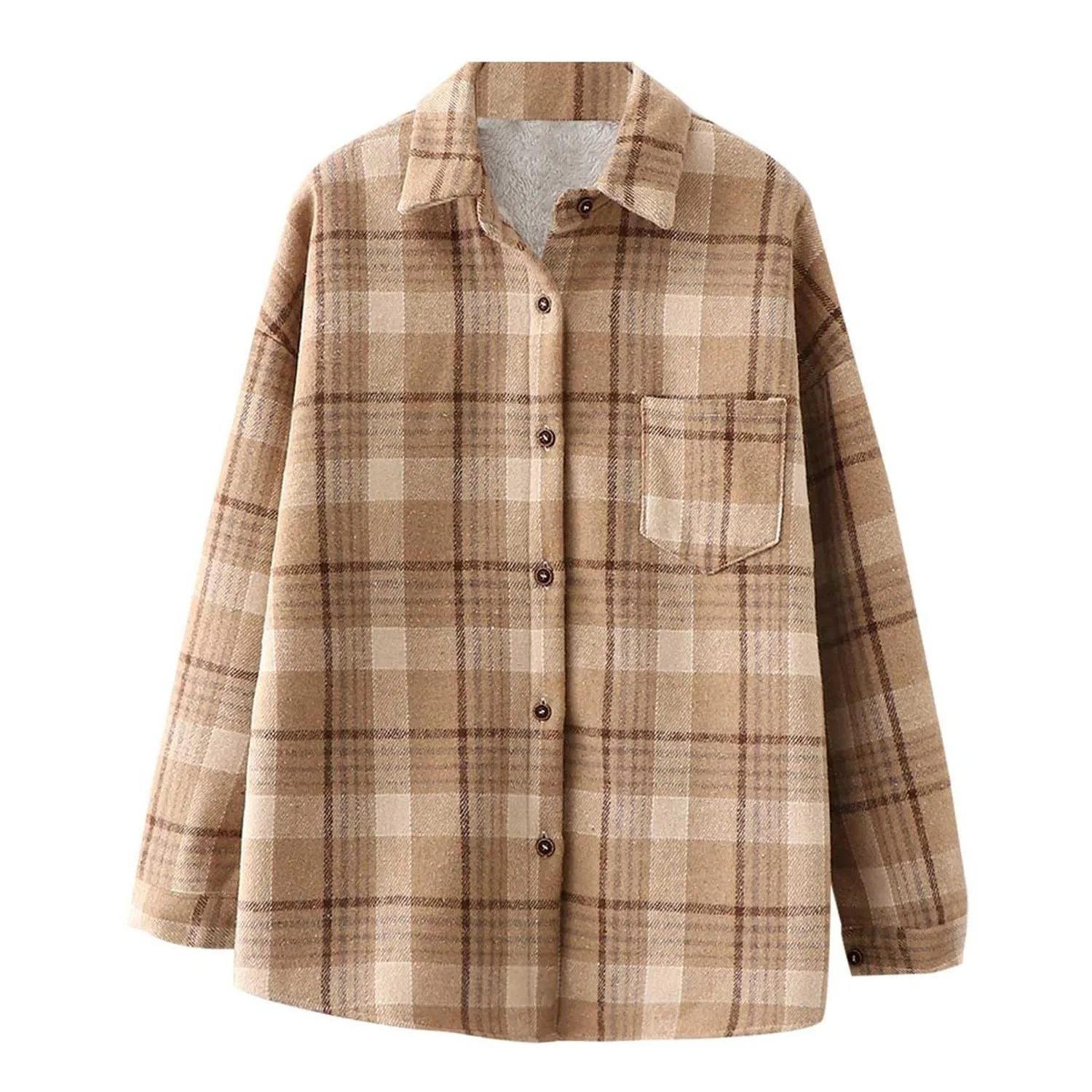 Женское пальто с принтом Autunno/Inverno Caldo Plaid Camicia con Sciolto Monopetto Cappotto Donna Giacche di Formato Alto, Cachi