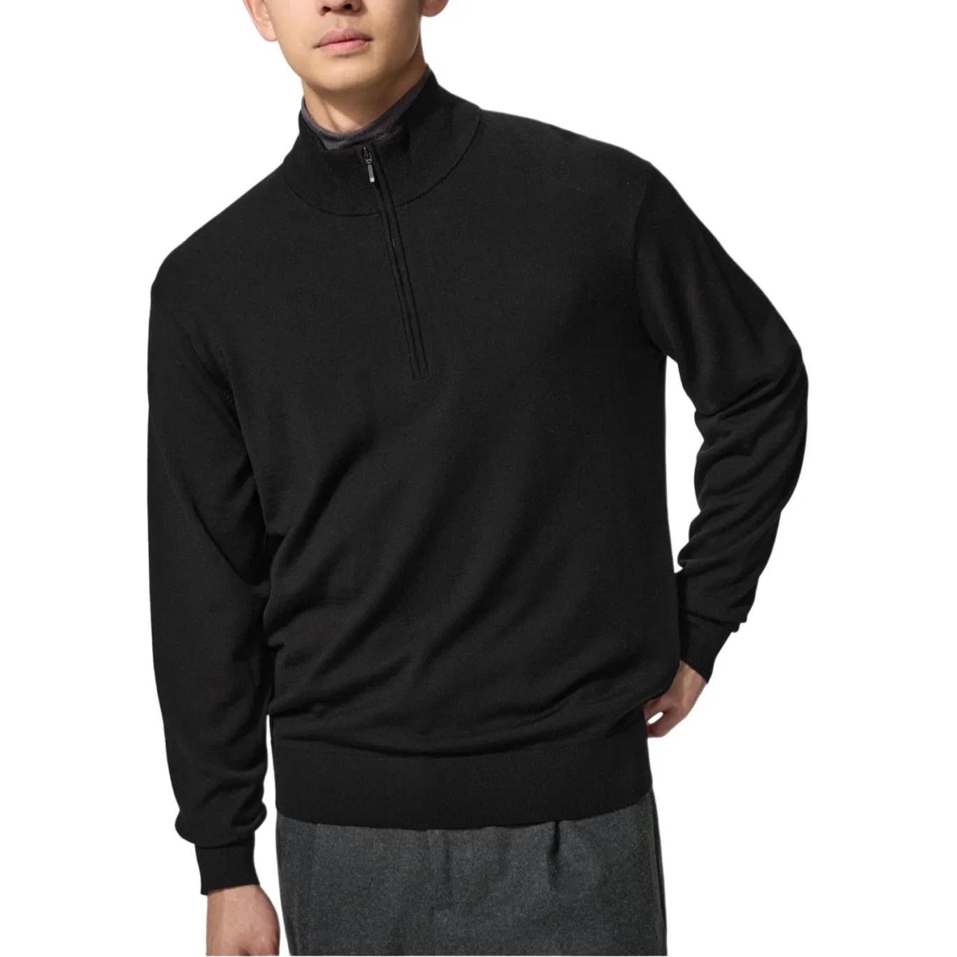 Мужской свитер с воротником-стойкой, прямой крой, UNIQLO, 09 Black — фото 3