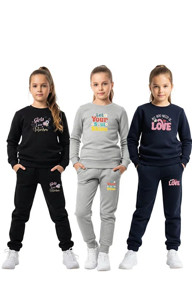 Детский спортивный комплект для девочек с принтом Plain round neck 3-piece printed girls tracksuit set Fyk Kids, Black-Gray-Lacquvert