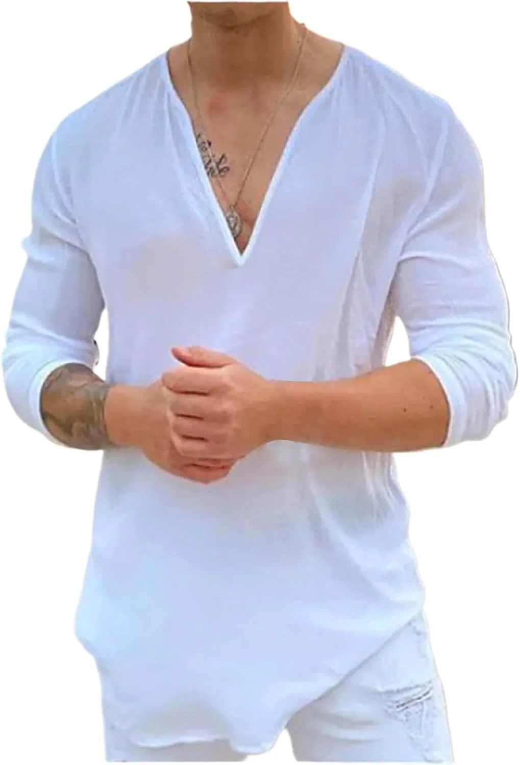 Мужская футболка с V-образным вырезом Casual Long Sleeve, White