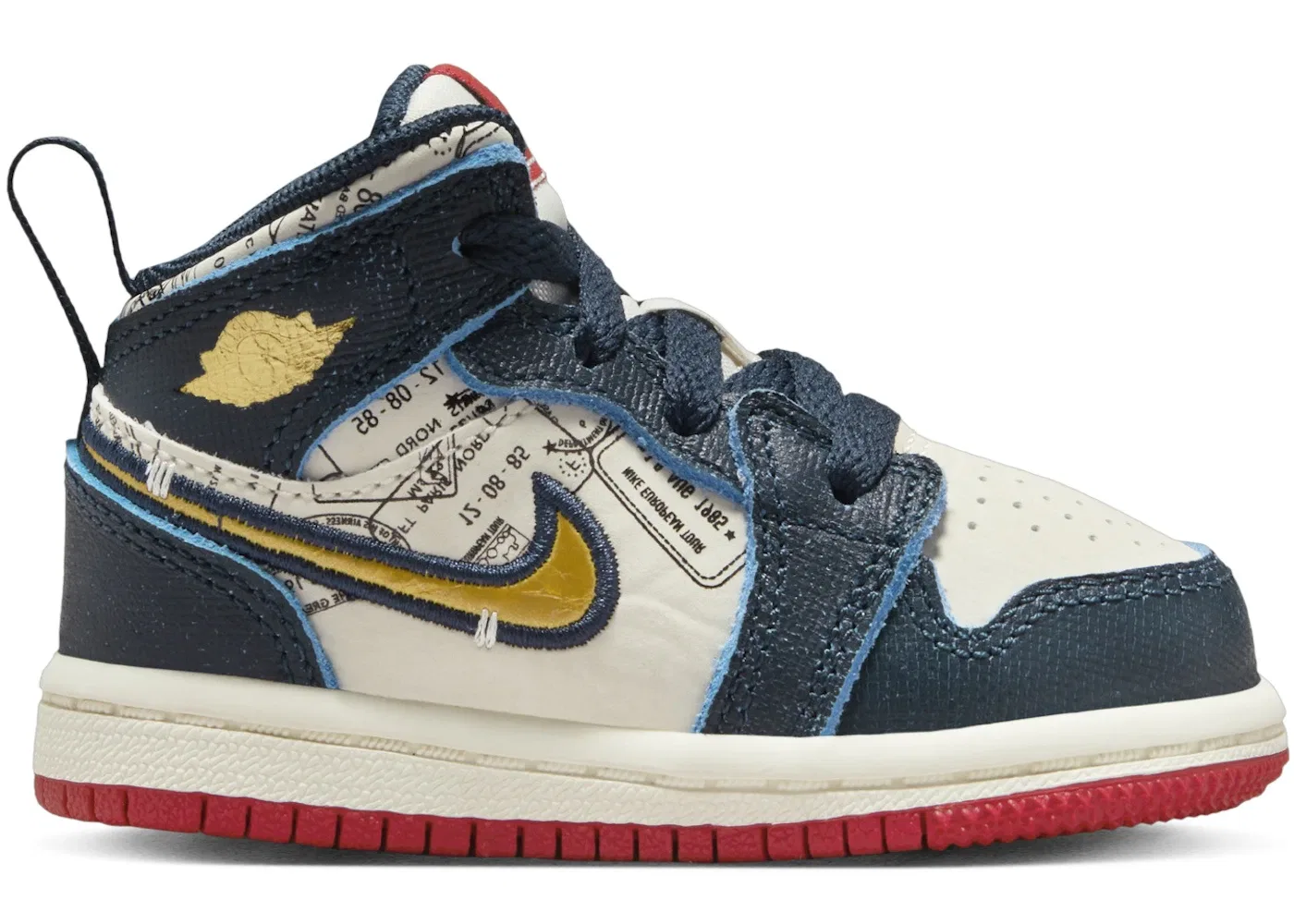 Детские кроссовки для мальчиков с кожаным верхом Jordan 1 Mid SE Jordan, Armory Navy/Pale Ivory/Sport Red/Metallic Gold