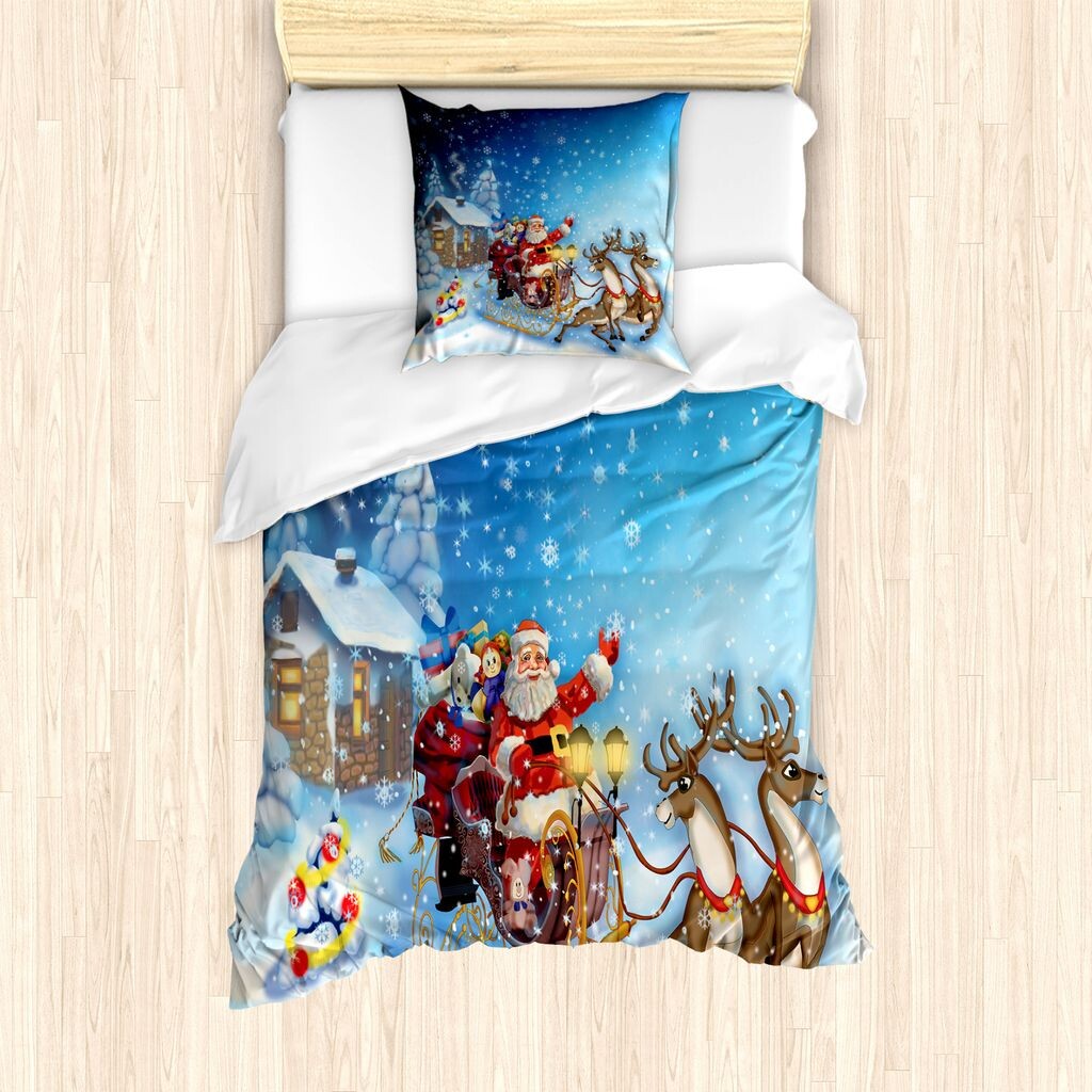 

ABAKUHAUS Рождественский комплект пододеяльников для односпальных кроватей, игрушка Санта в санях, защита от клещей, подходит для аллергиков, с наволочкой, темно-синий