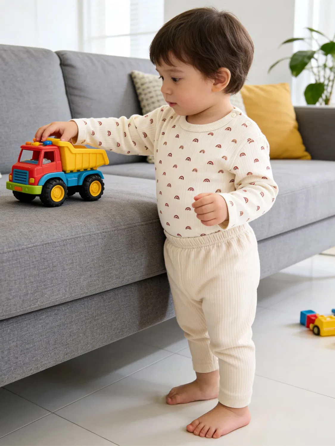 Комплект пижамный с принтом из хлопка Babies Basic, кремовый — фото 3