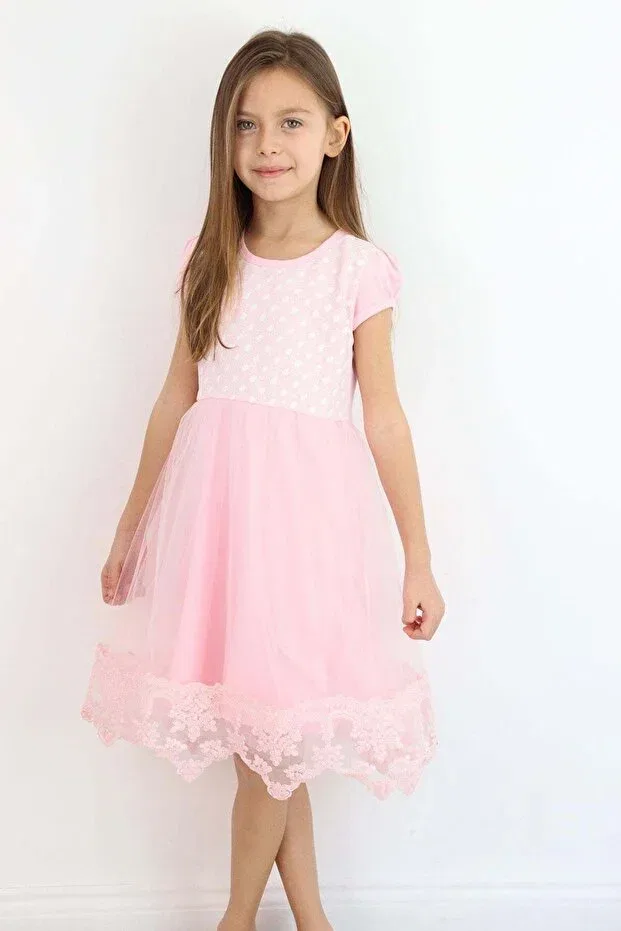 Детское платье для девочек с принтом Vintage Lace Detailed Tulle Floral Patterned Dress Breeze, Pink — фото 2