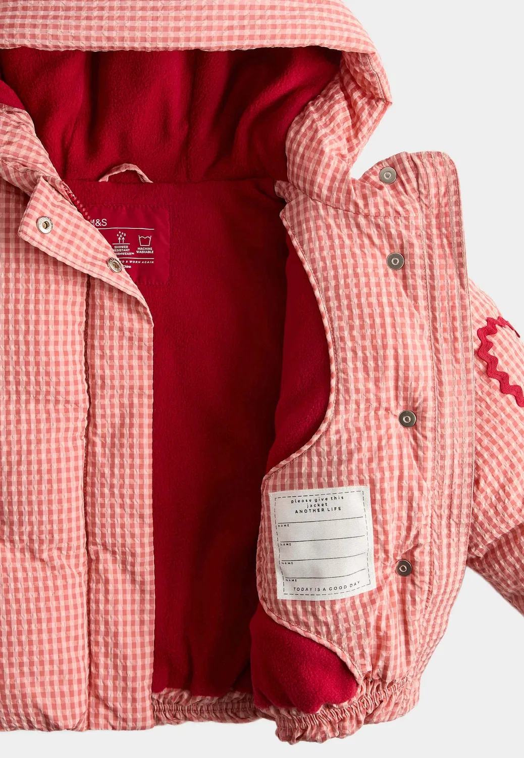 Пуховая куртка в клетку с капюшоном (2-8 лет). Унисекс - зимняя куртка Marks & Spencer, Red Mix — фото 3