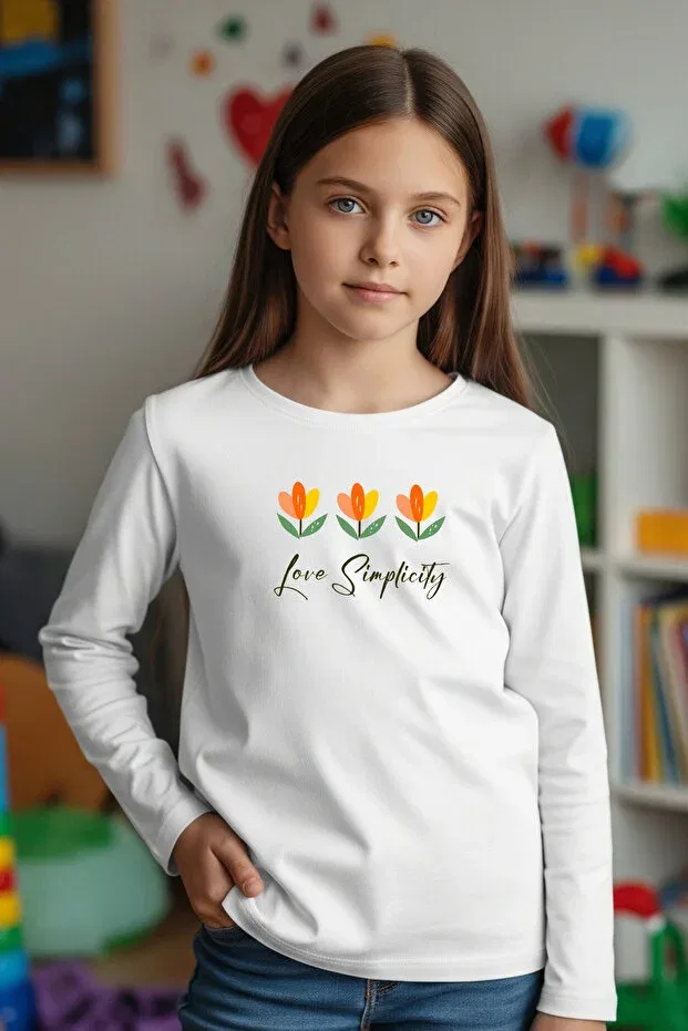 Детские свитшот для девочек с принтом Round Neck Flower Printed Detail Fyk Kids, White