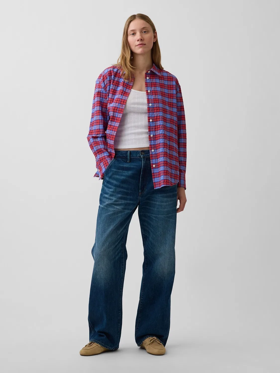 Рубашка оверсайз Gap Red Check Seersucker Check Oversized Shirt, Красный клетчатый — фото 3