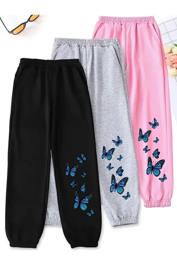 Детские спортивные штаны для девочек с принтом 3-Pack Blue Butterflies Printed Generic Brands, 1Gri-Black-Pink1