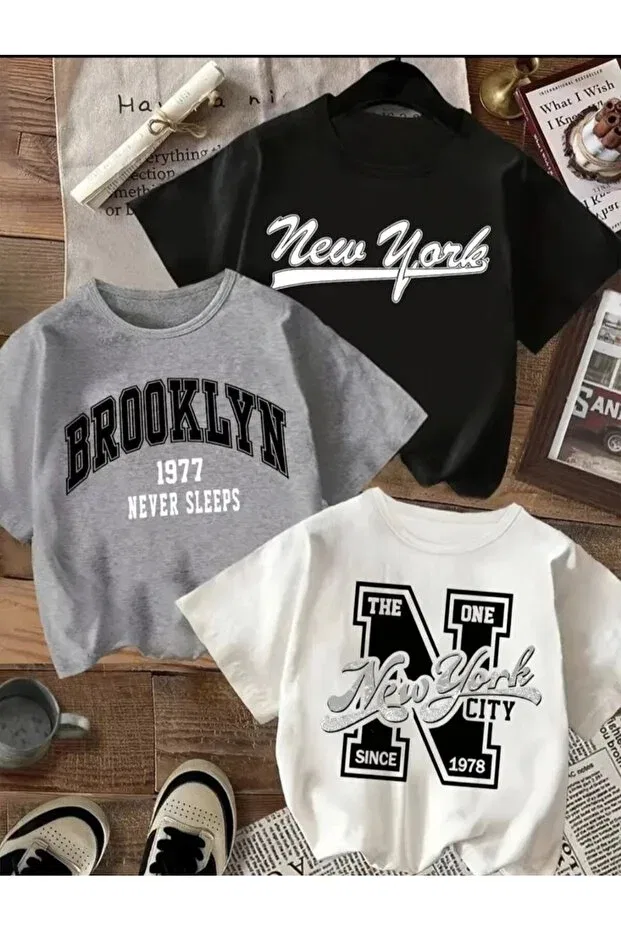 Детский комплект футболок оверсайз с принтом Elan Wear, Gray + Black + White2