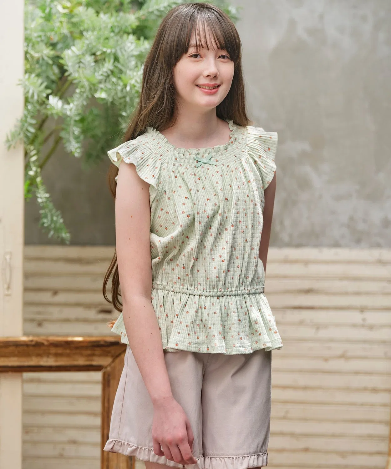 Детская футболка с фруктовым принтом и сборкой Kumikyoku KIDS, Light Green