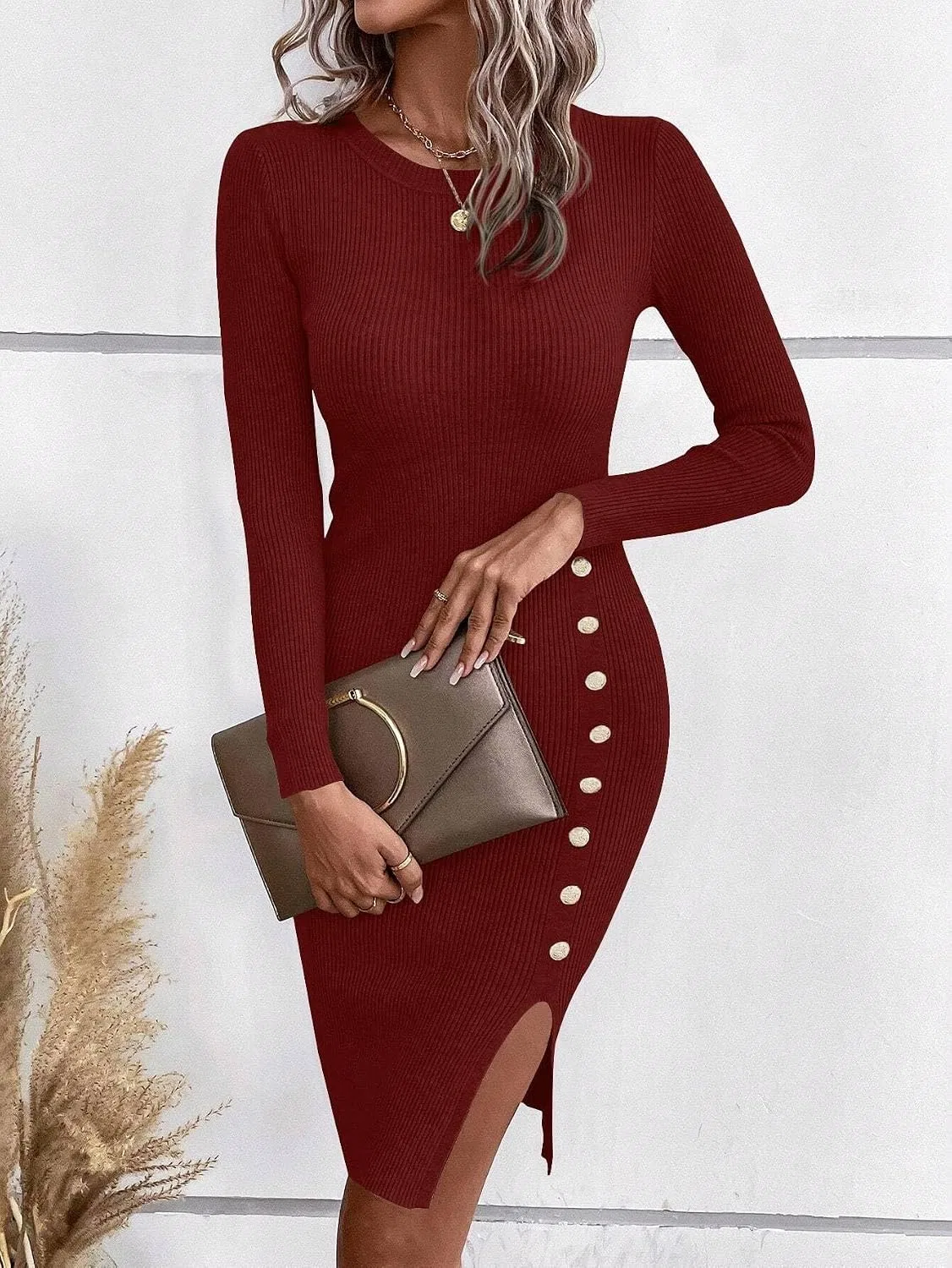 Женское короткое платье-свитер с круглым вырезом Bodycon, Burgundy — фото 2