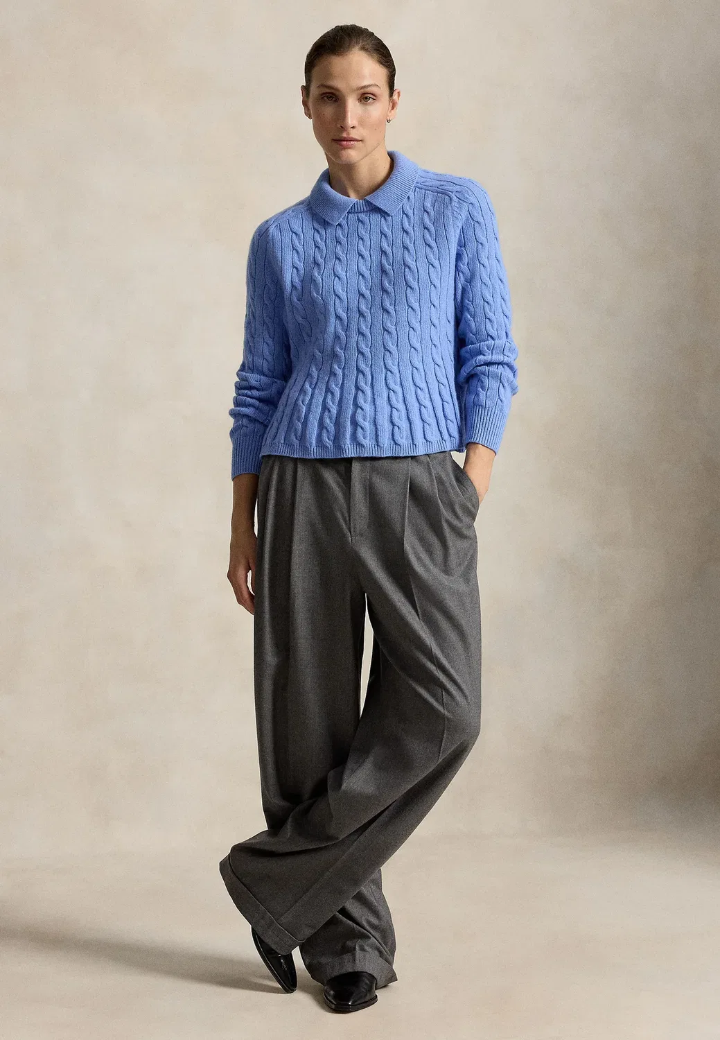 Свитер с баской из шерсти и кашемира с косами Polo Ralph Lauren, New Litchfield Blue — фото 2