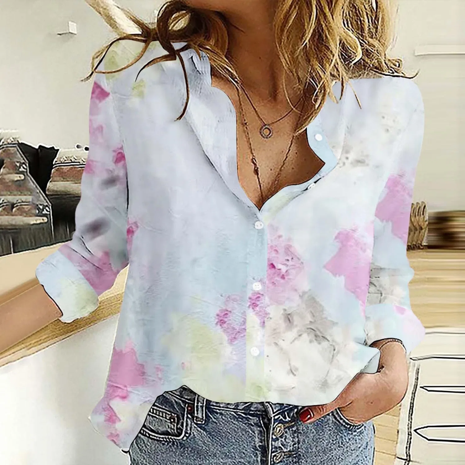 Женская туника с V-образным вырезом Cotton Linen Shirt, W Light Blue — фото 2