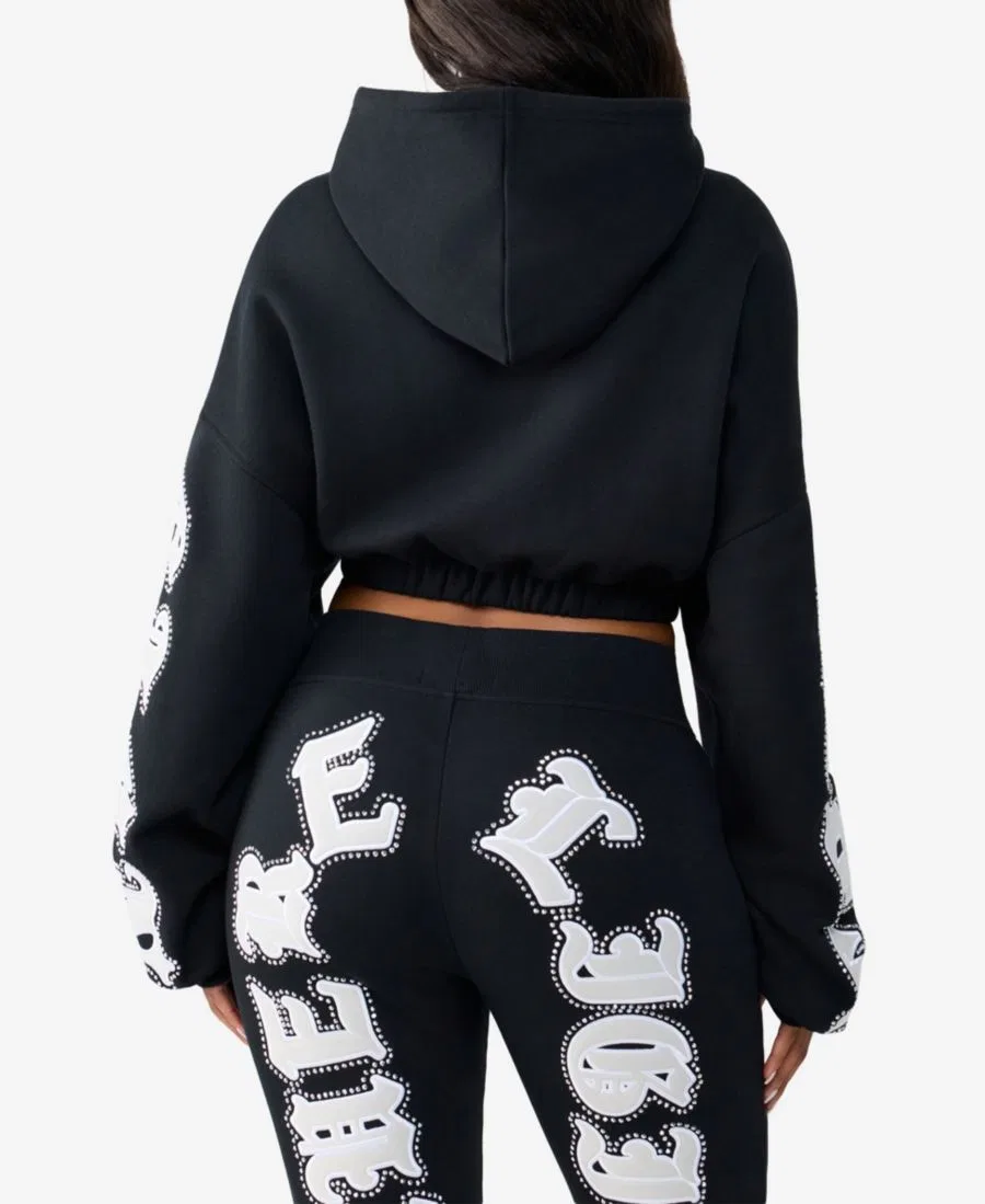 Худи женское с кристаллами и патчами, свободный крой True Religion, Jet Black — фото 4